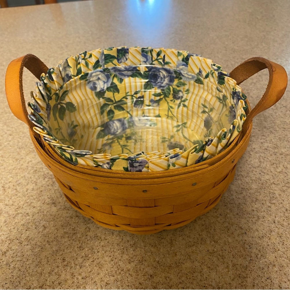 Longaberger Basket with leather handles, fabric and plastic liner